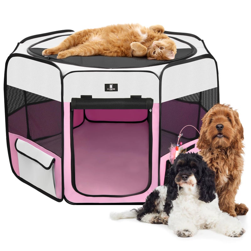 X-ZONE PET Dog Playpen Portable Pet Play Pens for Puppies, Cat, Rabbit, Chicks, Foldable Exercise Play Tent Kennel Crate, Indoor/Outdoor Travel Camping Pink Large - Image 1